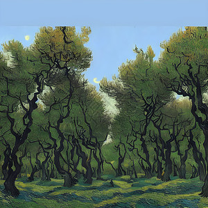 梵高风格的绿树和蓝天空魔法花园横幅国家植物树木土地季节童话绿化爬坡插图图片