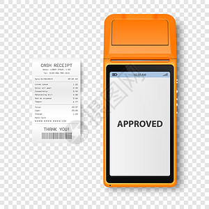 矢量 3d NFC 支付机 具有批准状态 纸质支票 收据隔离 WiFi 无线支付 POS 终端 银行支付非接触式终端的机器设计模图片