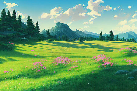 夏季风景中的山地草原 动漫漫画风格农村蓝色太阳假期牧场草地环境爬坡季节国家图片