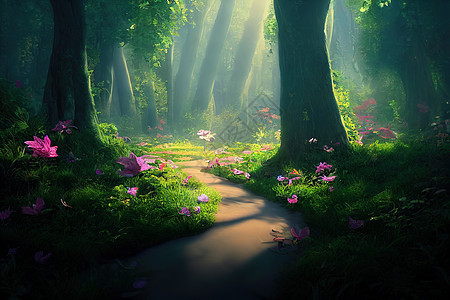 美丽的迷人的魔法花草林地 通向天堂图片