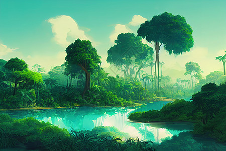 绿色和绿松石的丛林景观背景 动漫风格图片