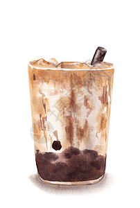 茶水泡泡茶饮料 有木薯珍珠 白上孤立的水彩画插图冰块手绘果汁咖啡广告乳白色牛奶奶茶食物奶油背景图片