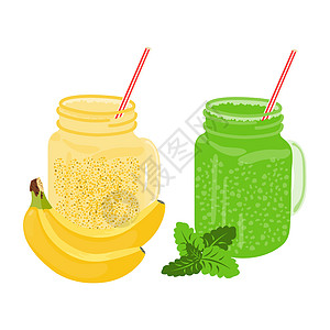 香蕉和绿色 玻璃杯里有薄荷冰淇淋图片