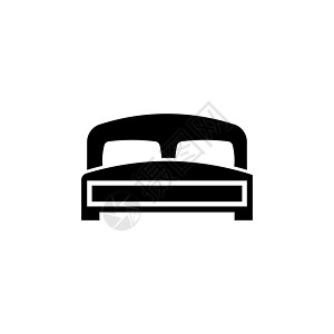 双人床 两个枕头 床上用品 平面矢量图标说明 白色背景上的简单黑色符号 带两个枕头的双人床 用于网络和移动 UI 元素的床上用品图片