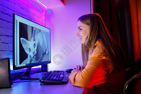 女孩自由职业者看猫的电脑屏幕 坐在一个计算机服务台的公寓里E女性教育工作笔记本办公室互联网职场商务咖啡动物群图片