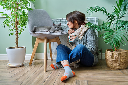 寒冷的冬季季节 在暖气散热器附近带猫坐在椅子上的女人气体宠物温暖中年温度加热器天气休息说谎房间图片