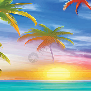 棕榈树 以80年代风格的底底坡度太阳为颜色 合成波和回溯波样式 橙色墙纸天空广告日落旅游橙子卡通片椰子日出时间图片
