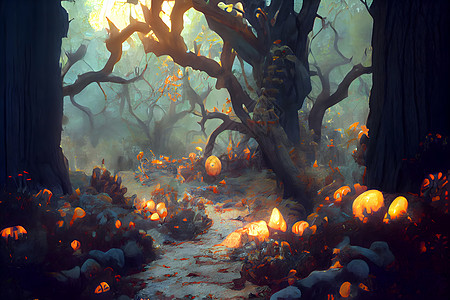 森林插画神经网络创造的艺术 自然界所创造的艺术薄雾传统汽车恶梦地面魔法橙子想像力南瓜辉光背景