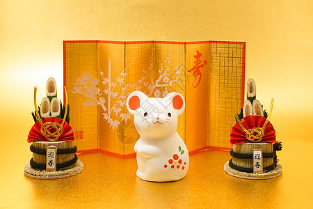 货币年度日历材料新年卡和新年材料陷阱屏风鼠年老鼠贺卡风格十二生肖金子传统背景图片