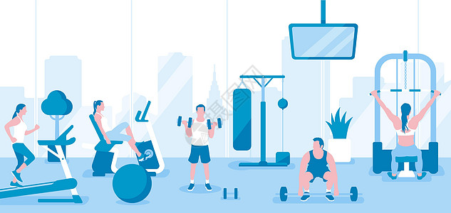 在健身房工作的人 水平矢量横幅图案 笑声行动运动卡通片身体培训师卫生训练运动员重量插图图片