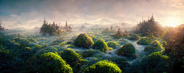 美丽的神秘沼泽的风景 日落时有雾图片