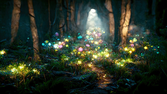 树间有萤火虫和光明之光的神奇幻想林图片