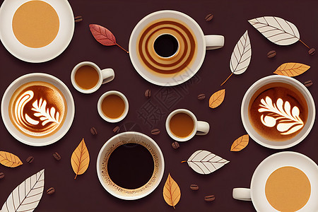 平面配着丰富多彩的秋季咖啡和叶子图片