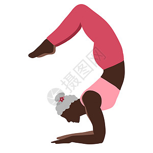 瑜伽手绘黑人非裔美国女性手绘插图 身着灰色头发的瑜伽姿势 平衡和谐健康自助概念的现代绿色粉红色设计 放松锻炼健身身体运动背景