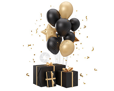 金色和黑色的气球和孤立在白色背景上的礼物 黑色星期五 生日 庆祝活动 活动卡元素 剪下 现代设计 3d 渲染图片