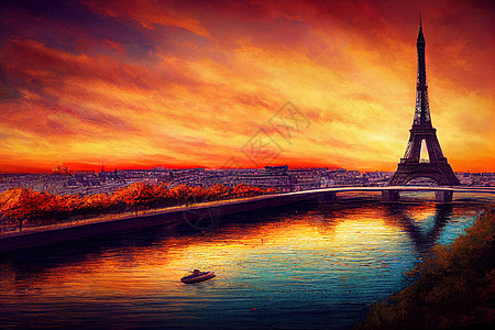 Eiffel塔和塞纳河在法国巴黎秋天 Anime风格U1图片