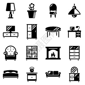 一套简单的图标 主题为家具 房屋 室内 矢量 设计 平面 标志 符号 对象 插图 孤立在白色背景上的黑色图标图片