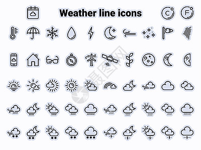 黑色矢量图标集 隔离在白色背景下 主题天气符号和标志的平面插图 线条 轮廓 描边图片