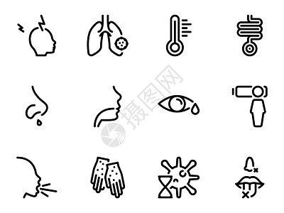 在白色背景下隔离的一组黑色矢量图标 有关主题呼吸道症状 疾病 孵化期的简单插图图片