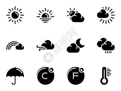 黑色矢量图标集 隔离在白色背景下 关于主题天气条件和名称的平面插图 填充 字形图片