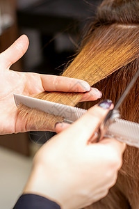 美发师的手握住手指间的发丝 在美发沙龙用梳子和剪刀为年轻女子的长发理发 特写敷料顾客发型发型师女士理发工作修剪职业女孩图片