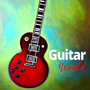 传说中的吉他摄影店绘画 具有多色幻想背景 吉他背景想像力展示岩石气氛水彩音乐蓝调艺术爵士乐电吉他图片