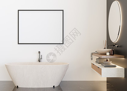 现代和豪华浴室的白墙上空的水平相框 模拟现代风格的室内装饰 为您的图片 海报 艺术品免费复制空间 浴缸 脸盆 3D 渲染图片