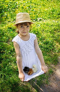 孩子手里握着一只鸡 有选择的专注生活家庭世界女孩婴儿朋友们喜悦帽子关爱拥抱自然高清图片素材