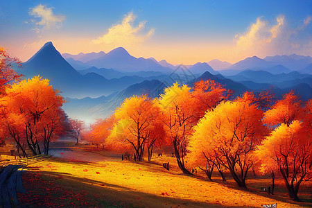 中国秋天风景 有秋叶树和高山场地环境草地艺术蓝色季节旅行树木国家旅游图片