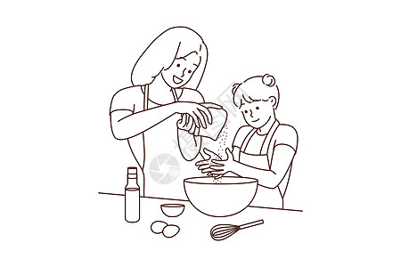 快乐的母亲和女儿一起做饭厨房卡通片烹饪父母妈妈家务绘画桌子班级盘子图片