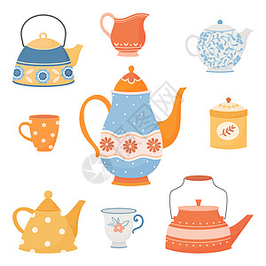 以简单的卡通风格制作的彩色茶壶和杯子厨具英语早餐收藏餐具插图制品用具厨房时间图片