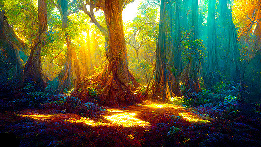 神奇的童话森林 有树木和奇妙的闪亮色彩盛开梦幻叶子环境魔法绿色薄雾公园木头太阳图片