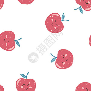 无缝模式 有可爱的苹果kawaii水果 面带平板美脸 手工绘制儿童漫画背景卡通插图 用于包装纸 布料印刷 封面 卡片设计包装情感图片