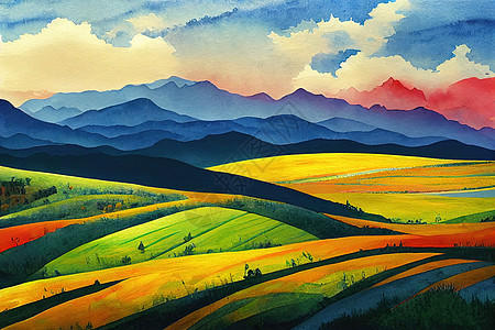 与农场一起绘制多彩的山地山脉风景画图片