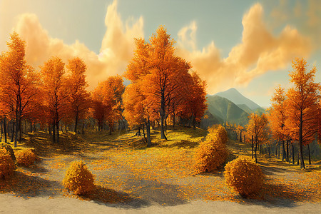秋天的山地景观 黄橙色树叶图片