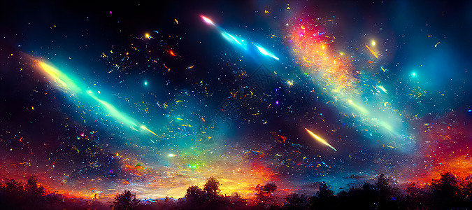 外层空间的抽象背景与超亮恒星和彗星 主题是爆炸和太空生命天空黑色蓝色星云辉光行星宇宙科学望远镜星际图片