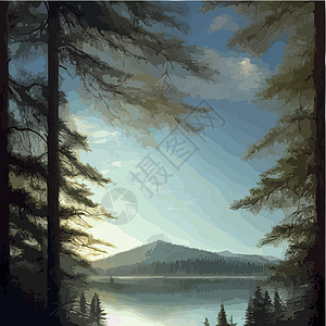 北山湖北部平地景观平面矢量插图 自然景观 带有树苗 山丘和浅滩叶子环境旅行树木爬坡松树场景木头活动天空图片
