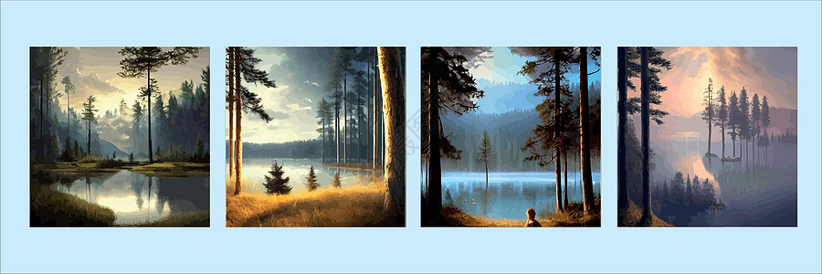 一套海报 山脉湖北部风景平板矢量图 带有树苗山的自然景观和树木山荒野天空环境旅行叶子场景日出活动爬坡松树图片