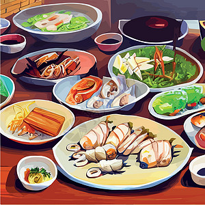 亚洲食物刻在桌子上 面盘放在风景最顶端 食品菜单设计配熟面条矢量横幅沙拉厨房盘子烹饪蔬菜涂鸦午餐问候语餐厅图片