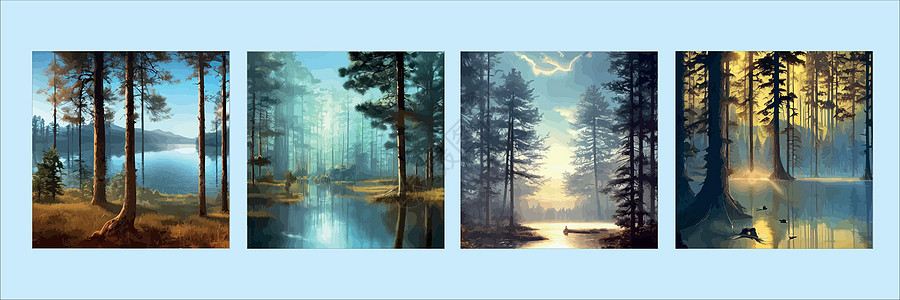 一套海报 山脉湖北部风景平板矢量图 带有树苗山的自然景观和树木山木头环境装饰公园风格高山场景荒野地平线打印图片