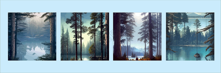 一套海报 山脉湖北部风景平板矢量图 带有树苗山的自然景观和树木山旅行日出森林云杉动物衬套爬坡植物公园天空图片