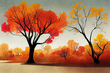 手画秋树和灌木的图示 背景图片
