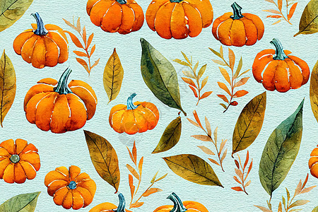 节日秋季水彩色无缝模式 含橙南南瓜和图片