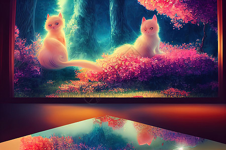 猫星人幻想的日本小猫咪 有鲜花和美丽动物艺术空地和服辉光猫咪蝴蝶童话树林树木背景