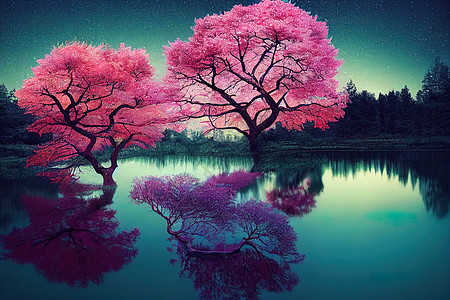 粉红树和池塘 在森林在晚上图片