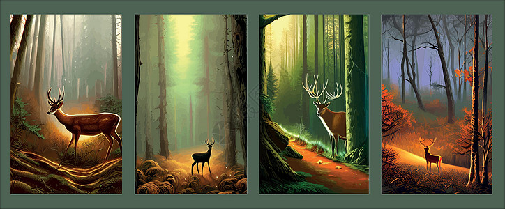 一组垂直海报 北边有黑暗森林和野鹿的风景 矢量图示 野生动物木头绘画童话荒野墙纸插图天空自然保护区季节卡片图片