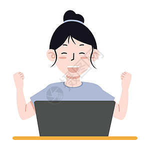 日本女孩使用计算机的年轻女青年工人 兴奋快乐设计图片