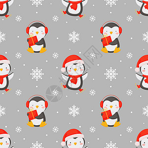 无缝的圣诞节背景 与可爱的企鹅和雪花艺术纺织品插图新年包装卡通片孩子动物背景图片