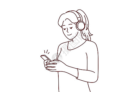 听耳机的年轻女青年 在手机上收听音乐质量插图微笑播放电子青少年娱乐列表技术绘画图片