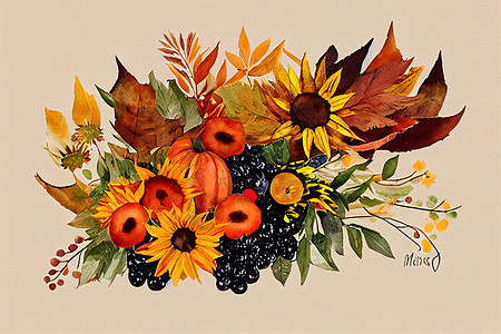 含叶子 浆果 向日葵的秋花花束 并绘制了秋幕图示图片